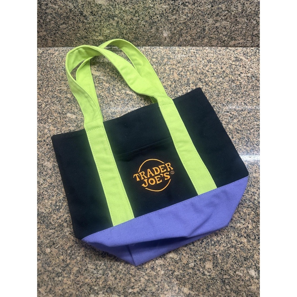 Trader Joe's Canvas Reusable Tote Bag Black Green Purple Small Grocery‎ Shopper